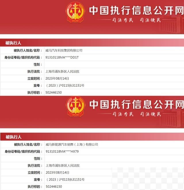 威马汽车被强制执行超5亿元